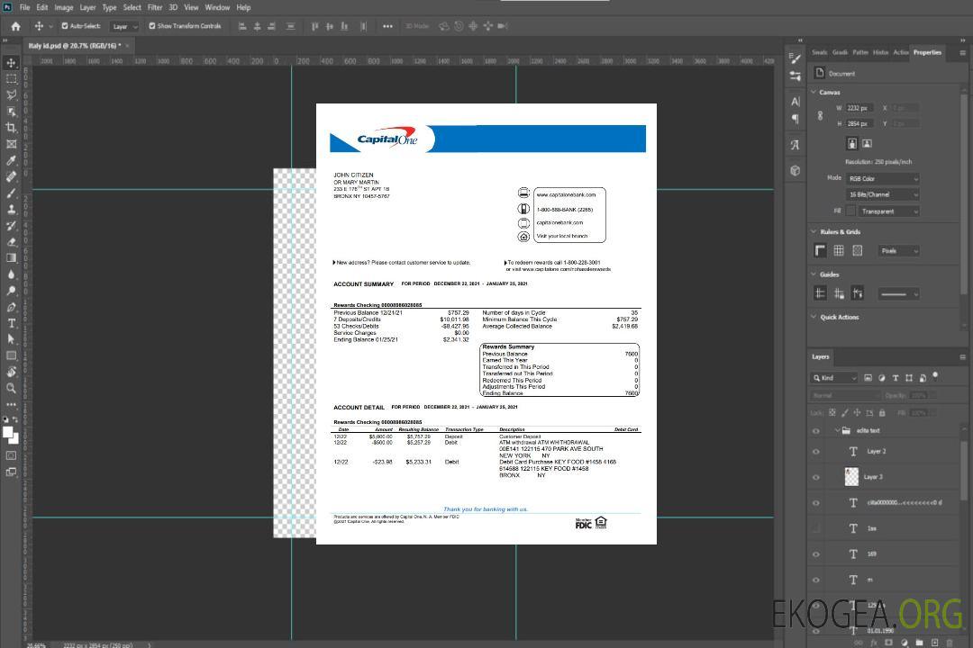 Modèle de relevé bancaire USA Capital One au format Word et PDF, version 4 template Modèle de relevé bancaire USA Capital One au format Word et PDF, version 4 template